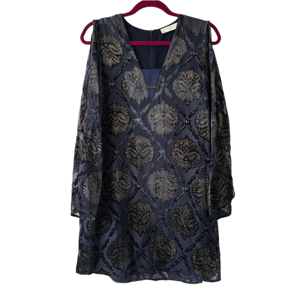 ASTR The Label Navy Blue Overlay Velour Floral Long Sleeve Mini Dress Size Small